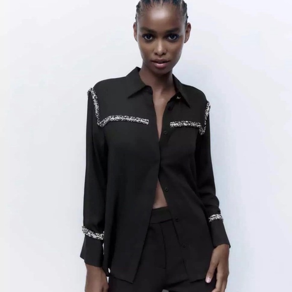 Zara Tops - Zara Black Button Down Black Contrast Textured Shirt Embellishments size Small